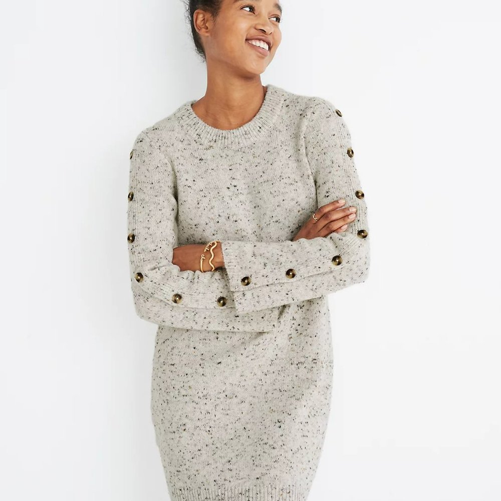 Madewell Donegal Oatmeal Cream Sweater Dress Buttons on Sleeves XXS